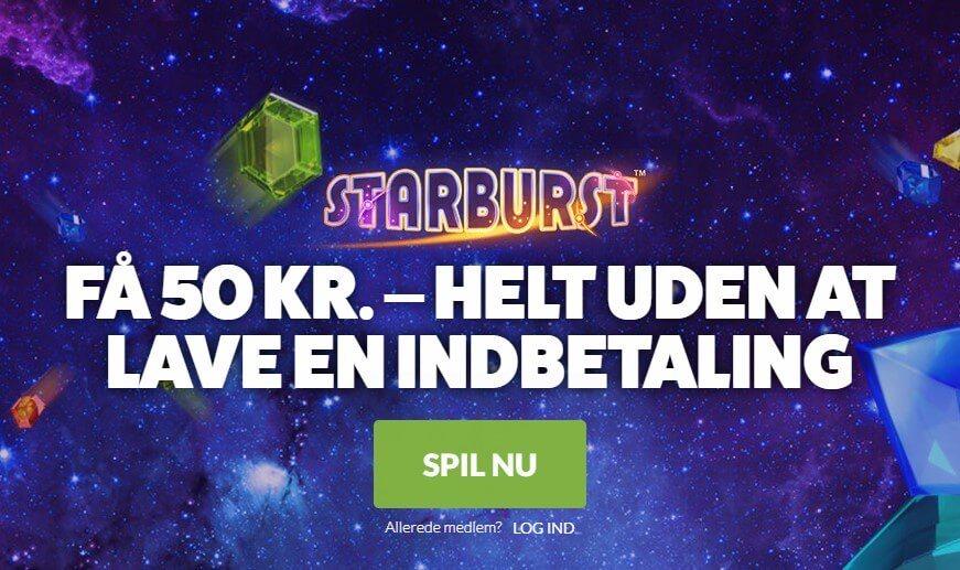 LeoVegas tilbyder danske spillere 50 kr. gratis - uden indbetaling - at spille Starburst spilleautomat.