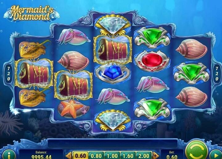 Overview of Mermaid’s Diamond spilleautomat with 5 wheels and 720 possibilities to win.