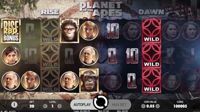 Rise- og Dawn-bonussymboler med forskellige værdier i NetEnts online spilleautomat Planet of the Apes