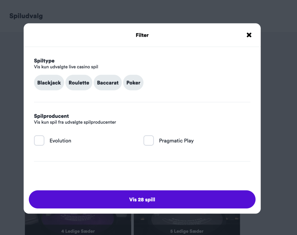 Filterfunktion i casino platform